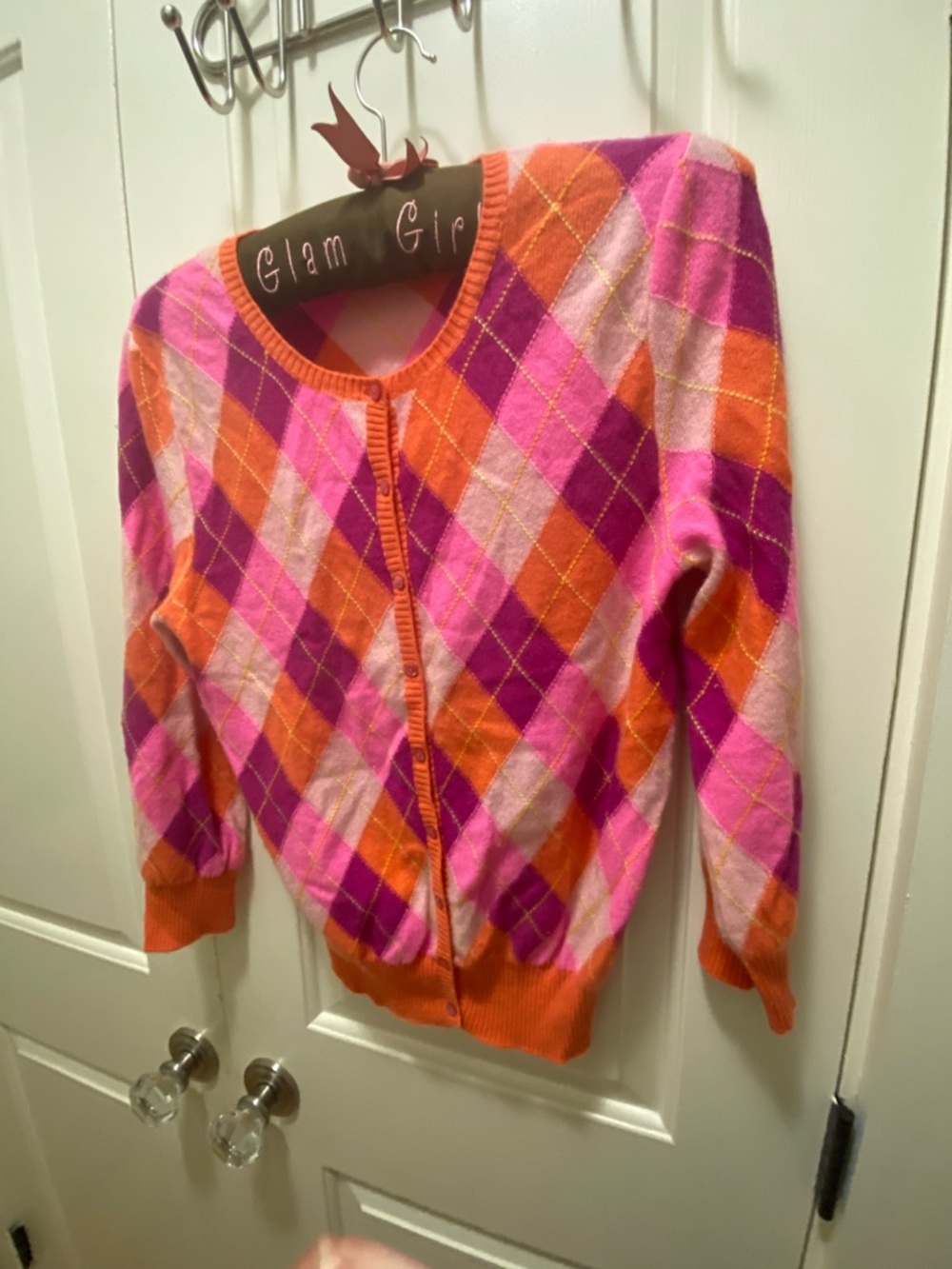 Christopher Fischer Bright Orange Pink Argyle Cashmere Cardigan